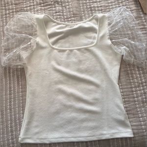 Women's Sheer Dobby Mesh Puff Sleeve Square Neck Top